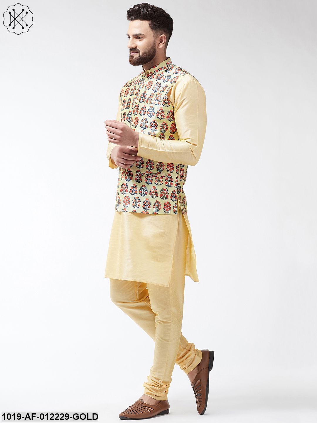 Men's Silk Blend Gold Kurta With Pyjama & Beige Printed Nehrujacket Combo