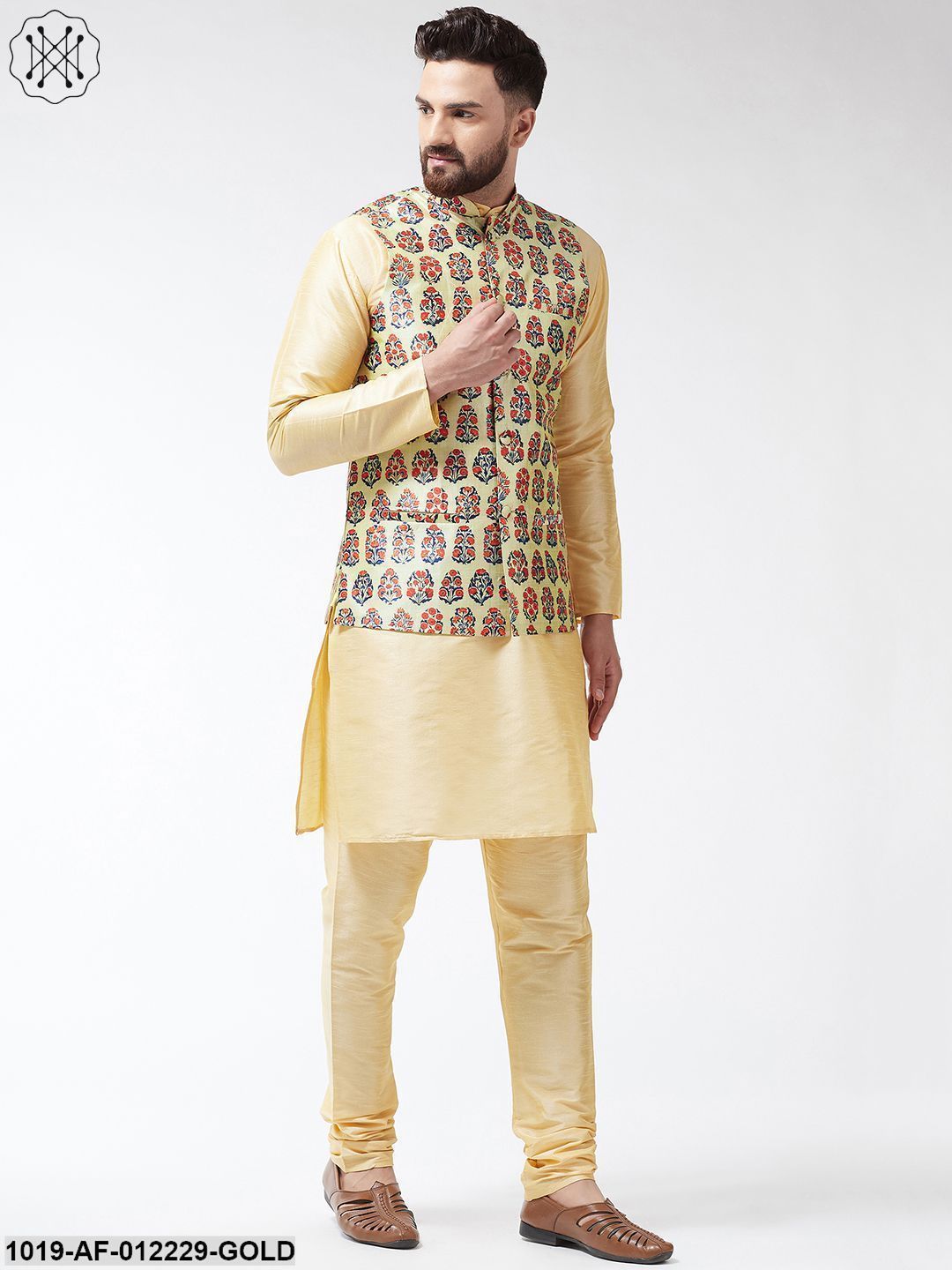 Men's Silk Blend Gold Kurta With Pyjama & Beige Printed Nehrujacket Combo