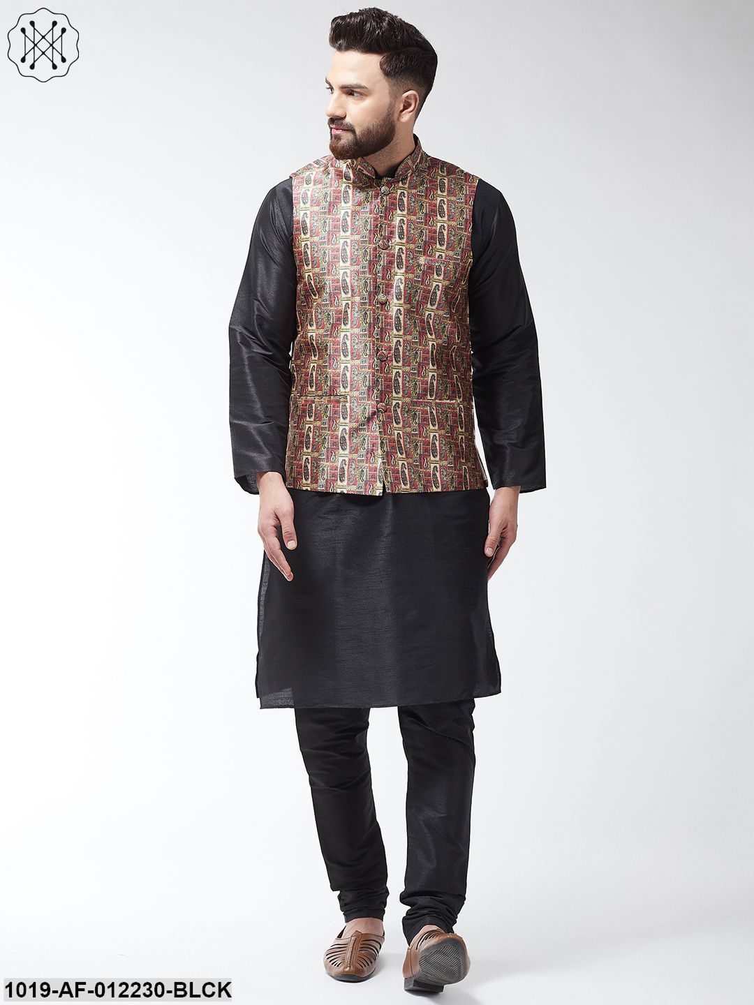 Men's Silk Blend Black Kurta With Pyjama & Multi Printed Nehrujacket Combo - Sojanya