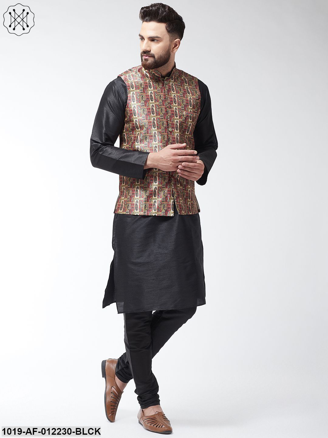 Men's Silk Blend Black Kurta With Pyjama & Multi Printed Nehrujacket Combo - Sojanya