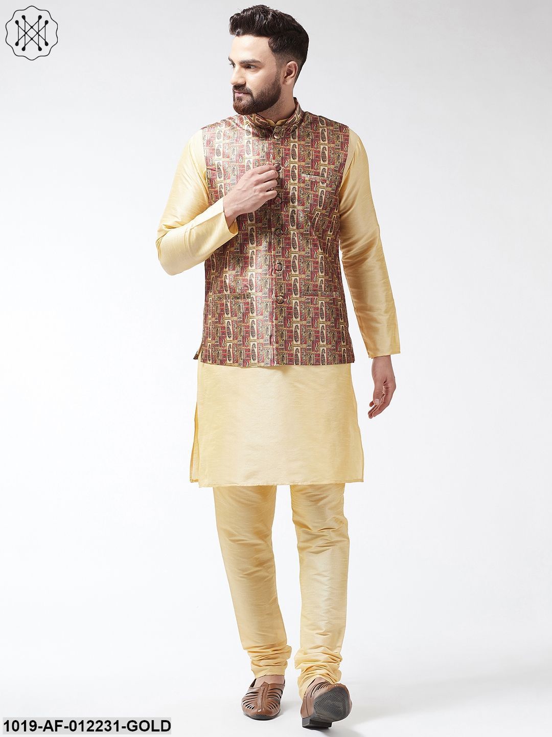 Men's Silk Blend Gold Kurta With Pyjama & Multi Printed Nehrujacket Combo