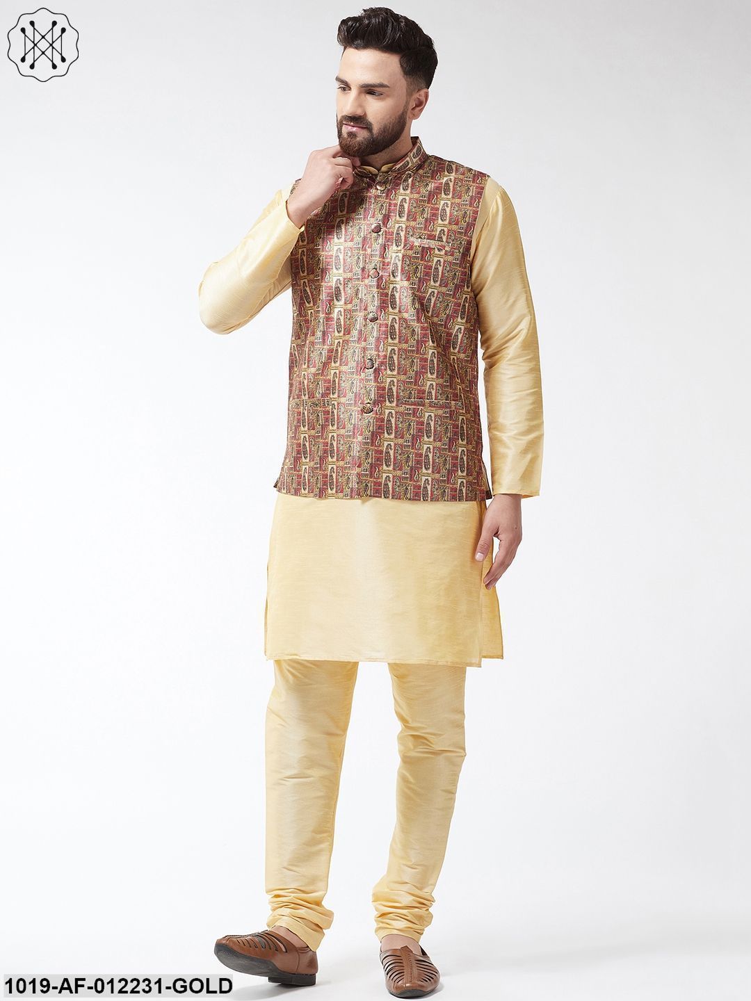Men's Silk Blend Gold Kurta With Pyjama & Multi Printed Nehrujacket Combo