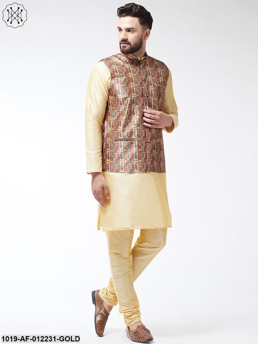Men's Silk Blend Gold Kurta With Pyjama & Multi Printed Nehrujacket Combo