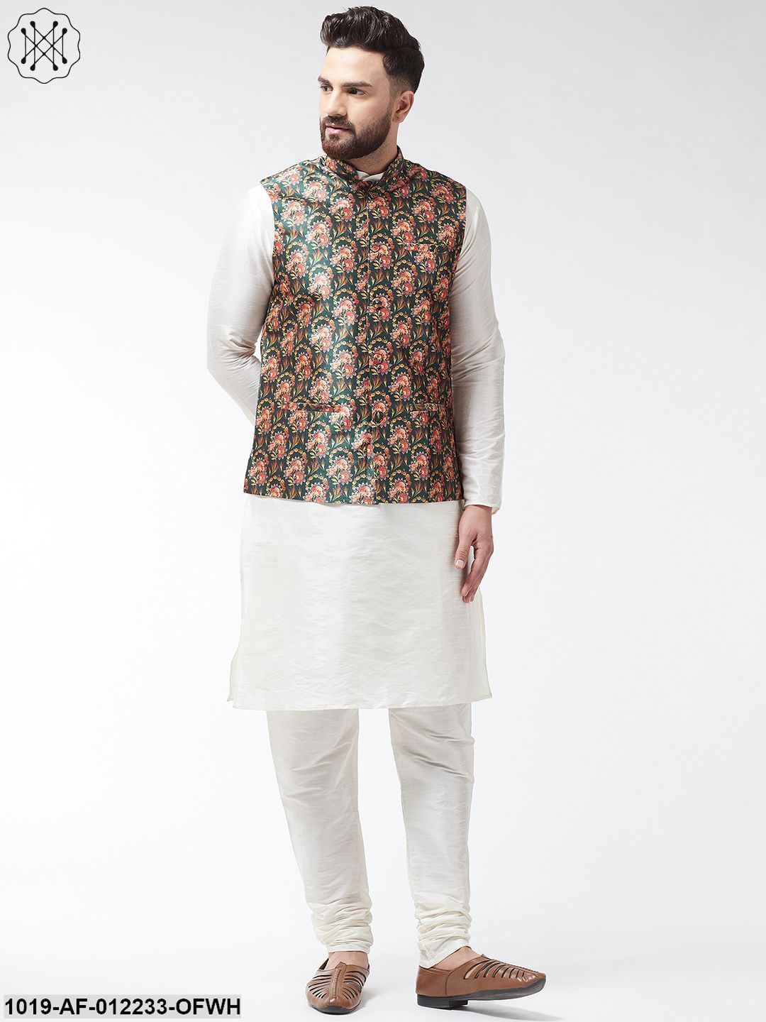 Men's Silk Blend Offwhite Kurta With Pyjama & Darkgreen Printed Nehrujacket - Sojanya