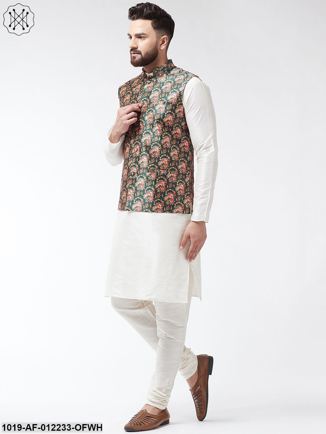 Men's Silk Blend Offwhite Kurta With Pyjama & Darkgreen Printed Nehrujacket - Sojanya