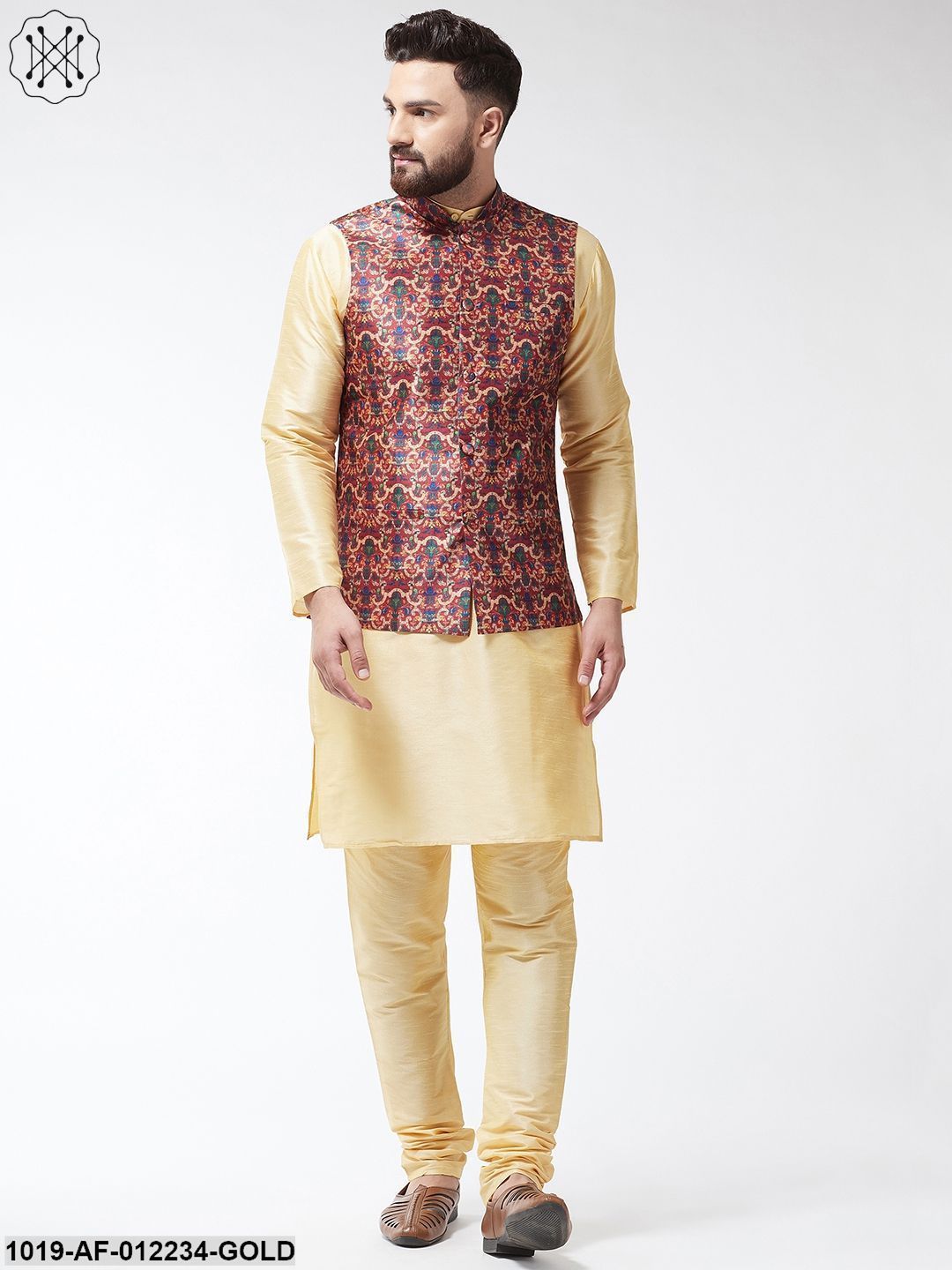 Men's Silk Blend Gold Kurta With Pyjama & Maroon Printed Nehrujacket Combo - Sojanya