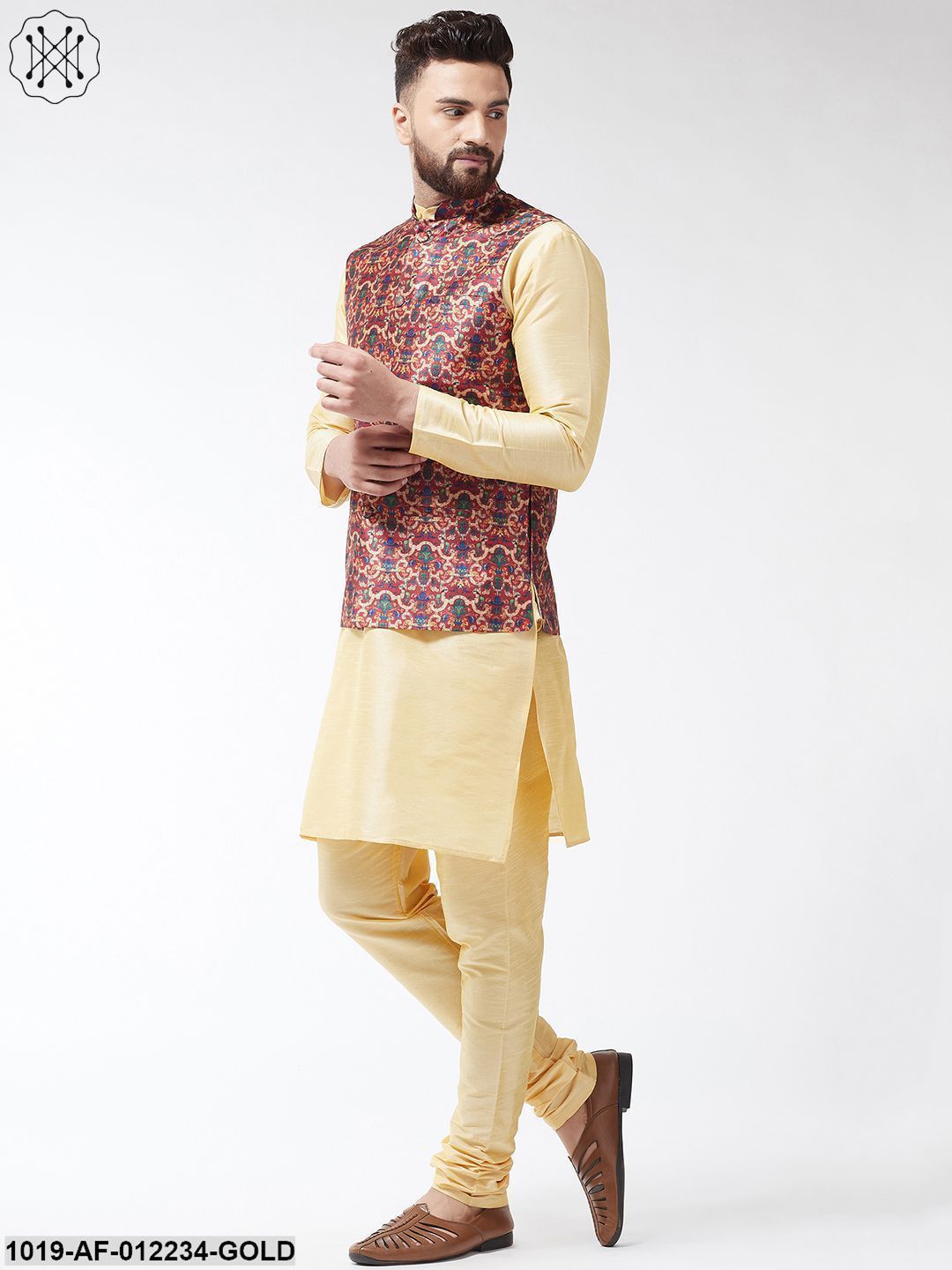 Men's Silk Blend Gold Kurta With Pyjama & Maroon Printed Nehrujacket Combo - Sojanya