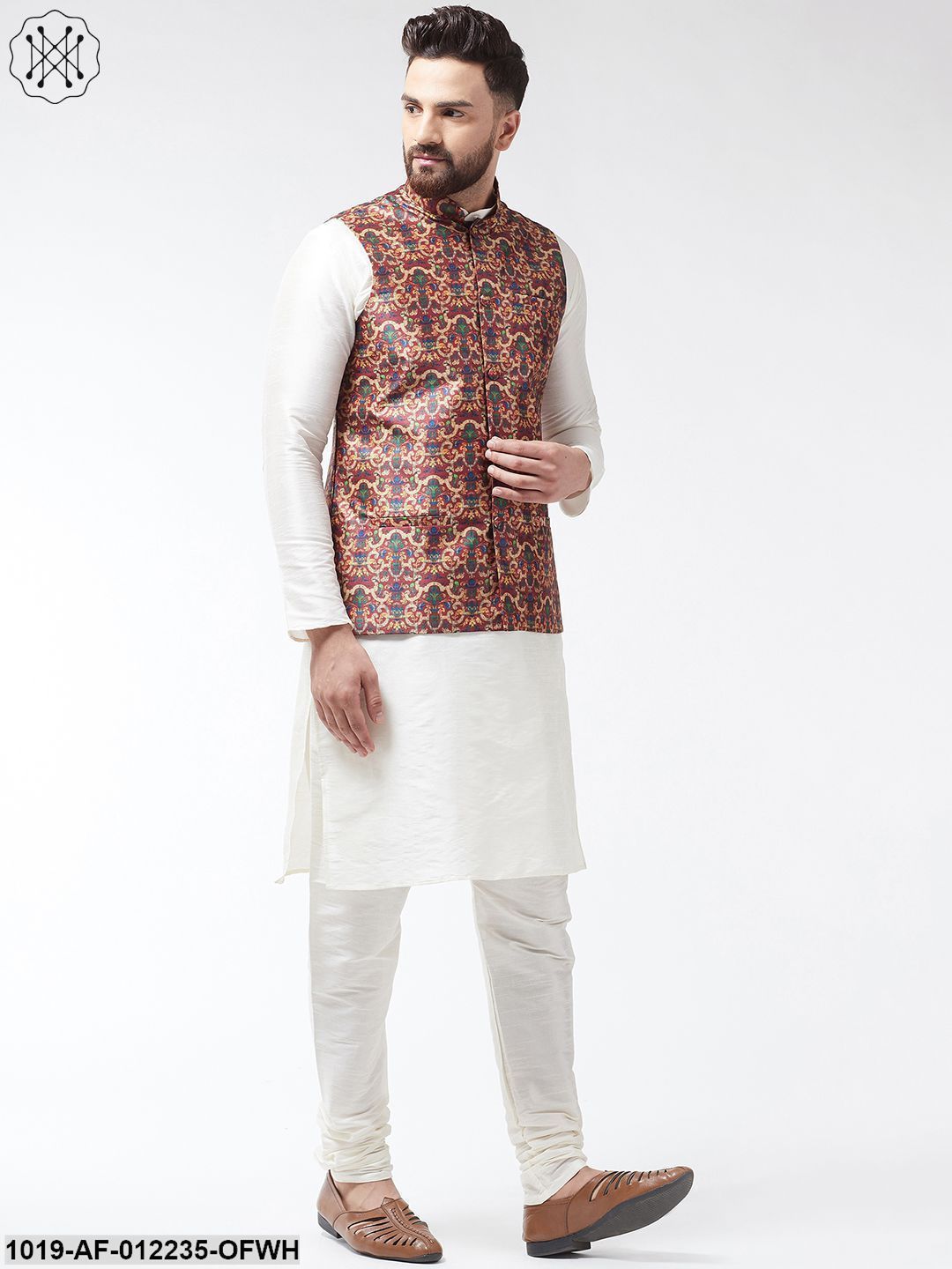 Men's Silk Blend Offwhite Kurta With Pyjama & Maroon Printed Nehrujacket Combo - Sojanya
