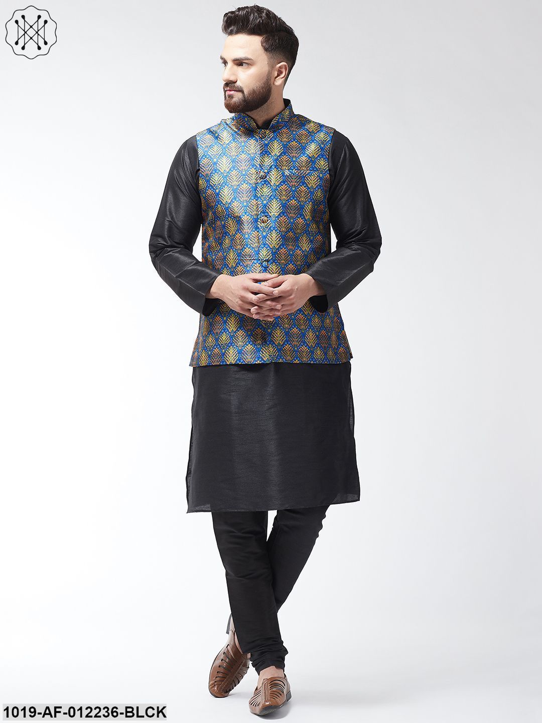 Men's Silk Blend Black Kurta With Pyjama & Blue Printed Nehrujacket Combo