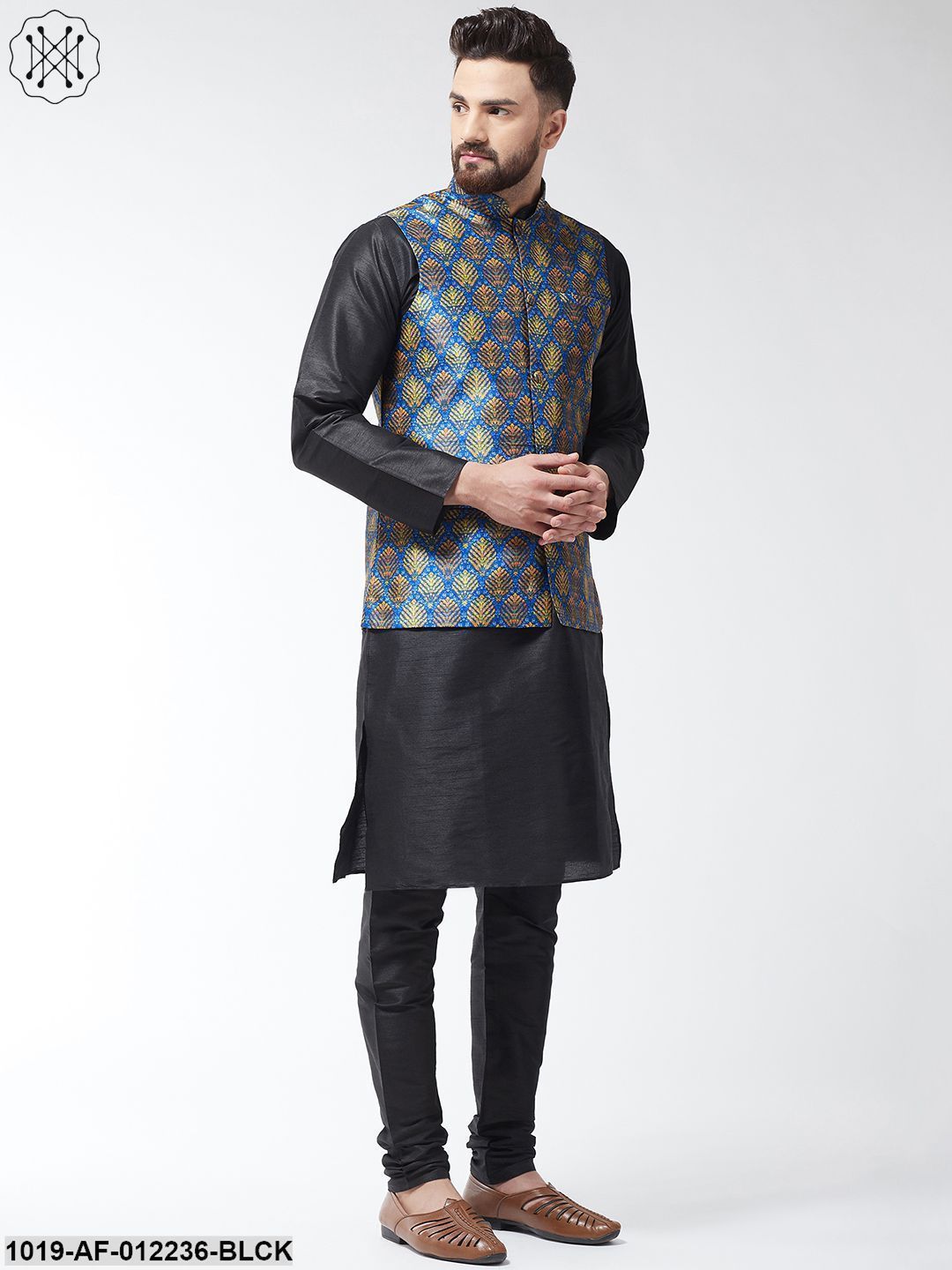 Men's Silk Blend Black Kurta With Pyjama & Blue Printed Nehrujacket Combo