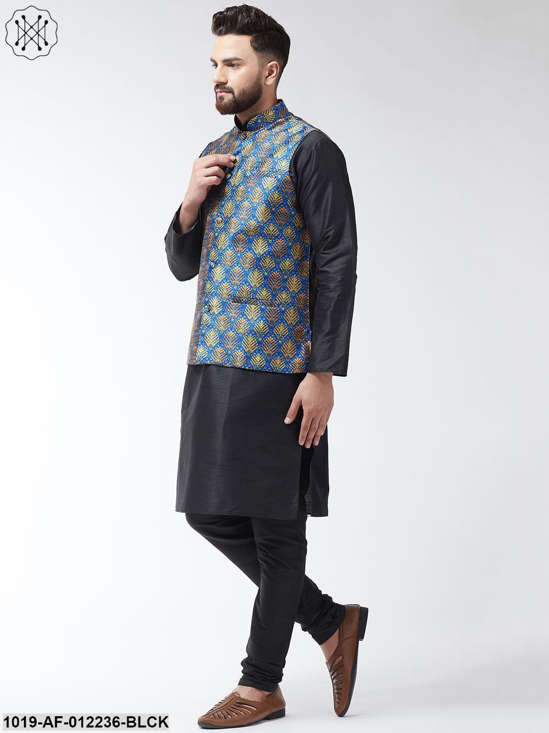 Men's Silk Blend Black Kurta With Pyjama & Blue Printed Nehrujacket Combo