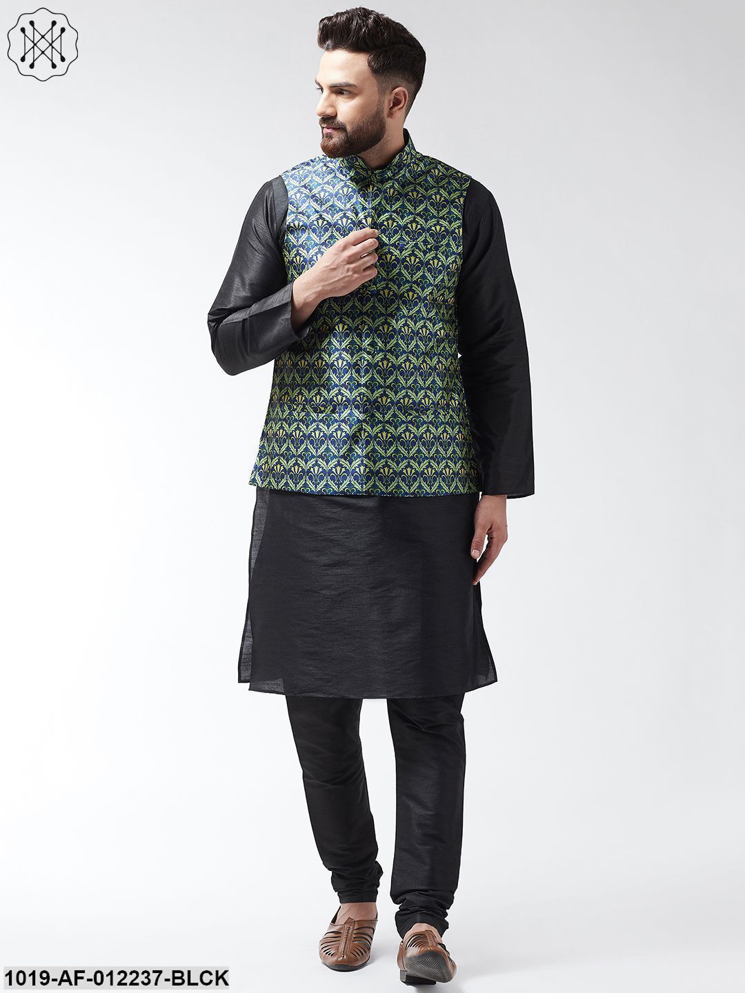 Men's Silk Blend Black Kurta With Pyjama & Blue Printed Nehrujacket Combo