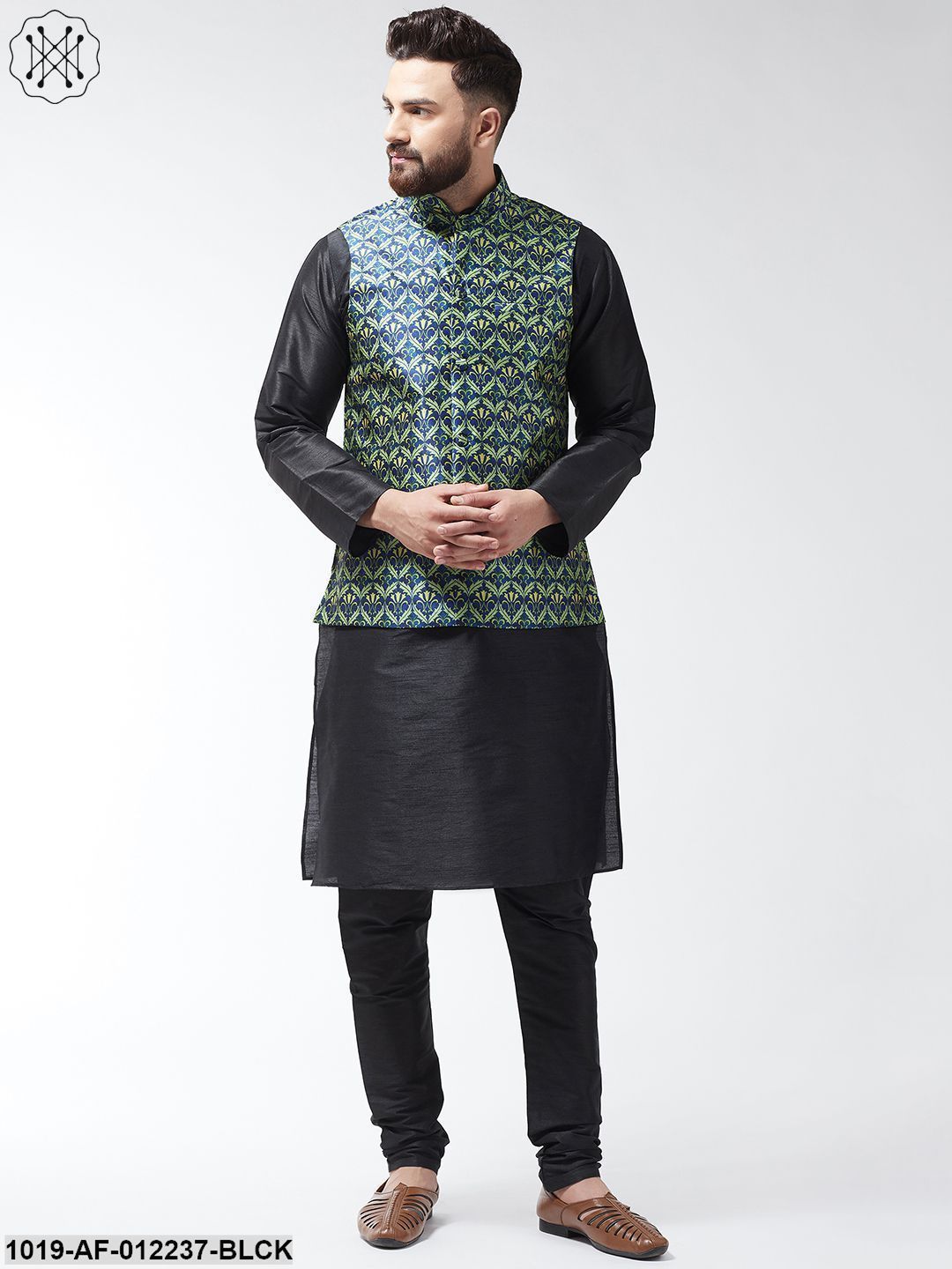 Men's Silk Blend Black Kurta With Pyjama & Blue Printed Nehrujacket Combo