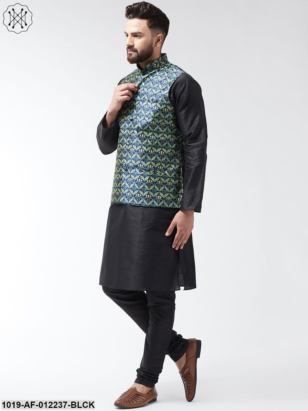 Men's Silk Blend Black Kurta With Pyjama & Blue Printed Nehrujacket Combo