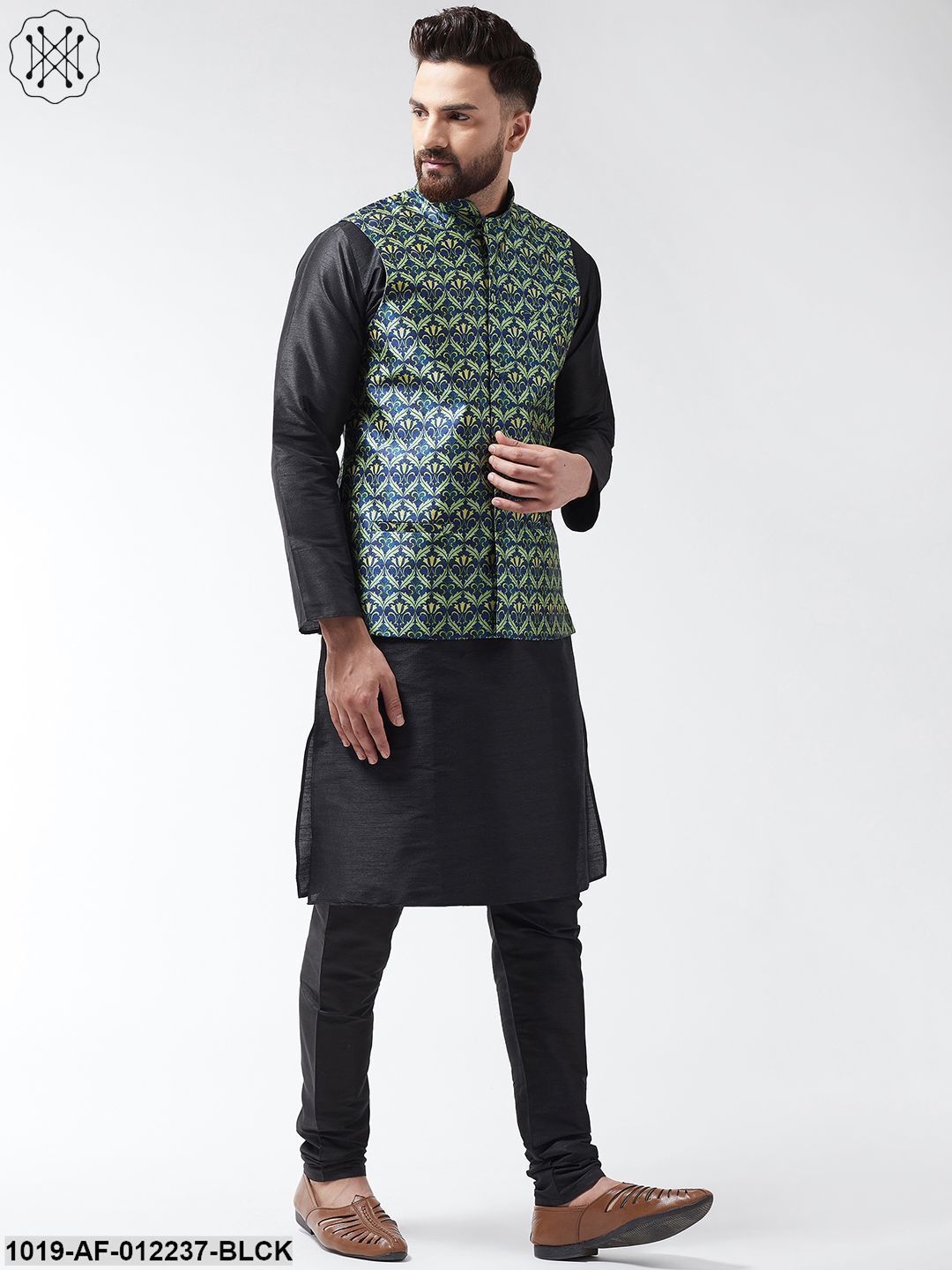 Men's Silk Blend Black Kurta With Pyjama & Blue Printed Nehrujacket Combo