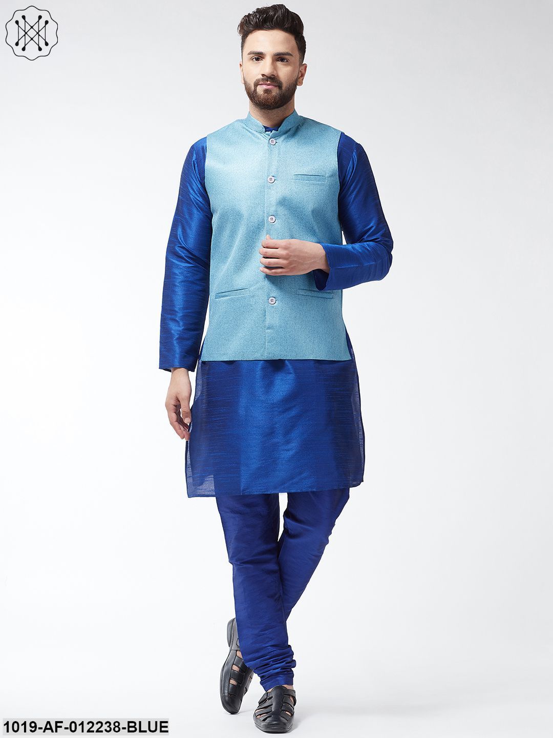 Men's Silk Blend Royalblue Kurta With Pyjama & Skyblue Jute Nehrujacket