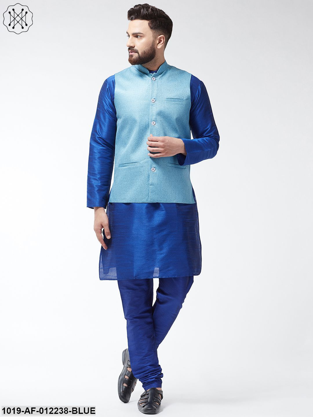 Men's Silk Blend Royalblue Kurta With Pyjama & Skyblue Jute Nehrujacket