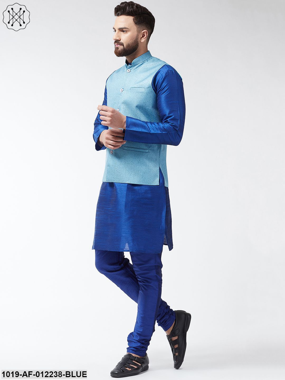 Men's Silk Blend Royalblue Kurta With Pyjama & Skyblue Jute Nehrujacket