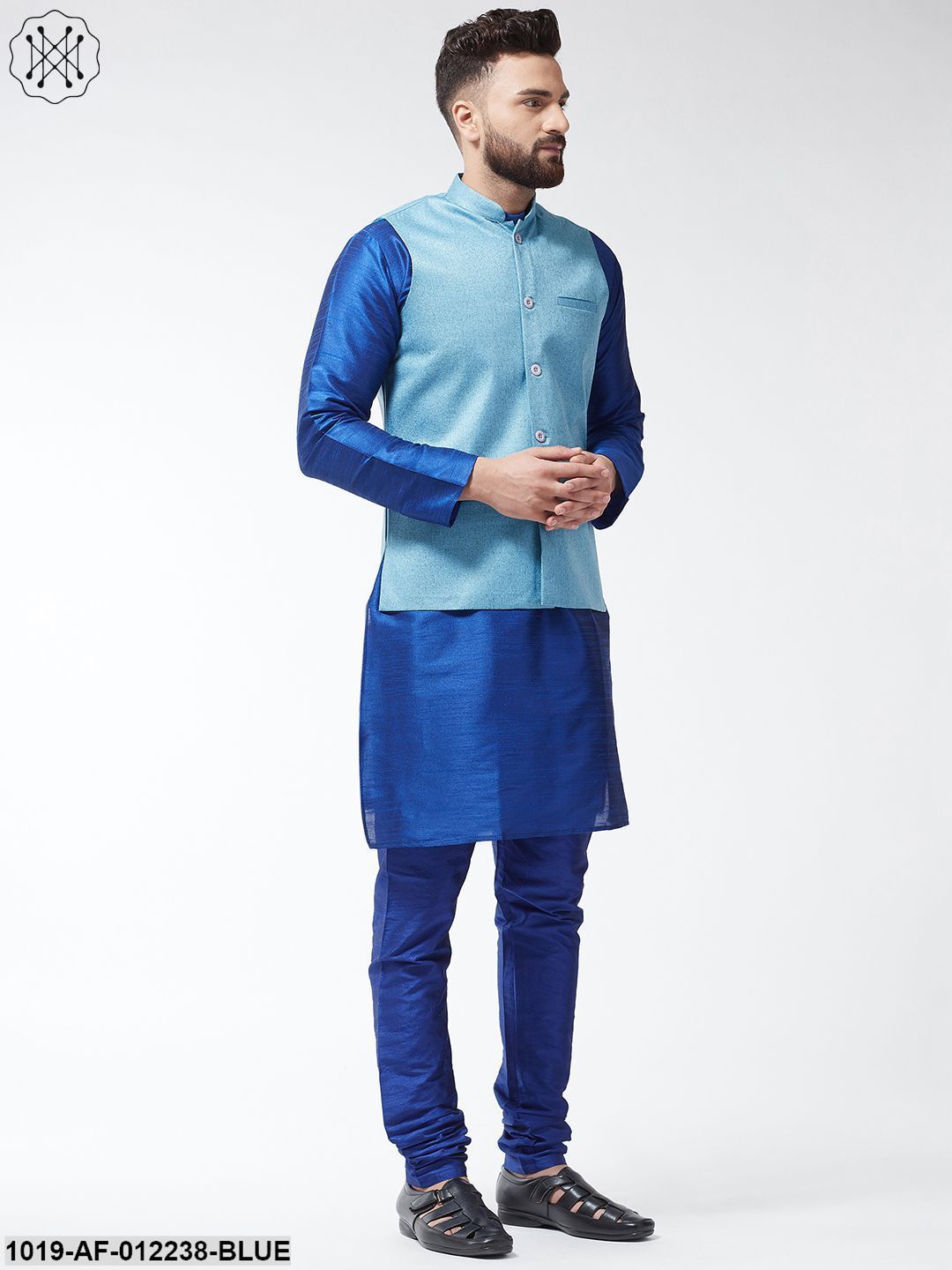 Men's Silk Blend Royalblue Kurta With Pyjama & Skyblue Jute Nehrujacket