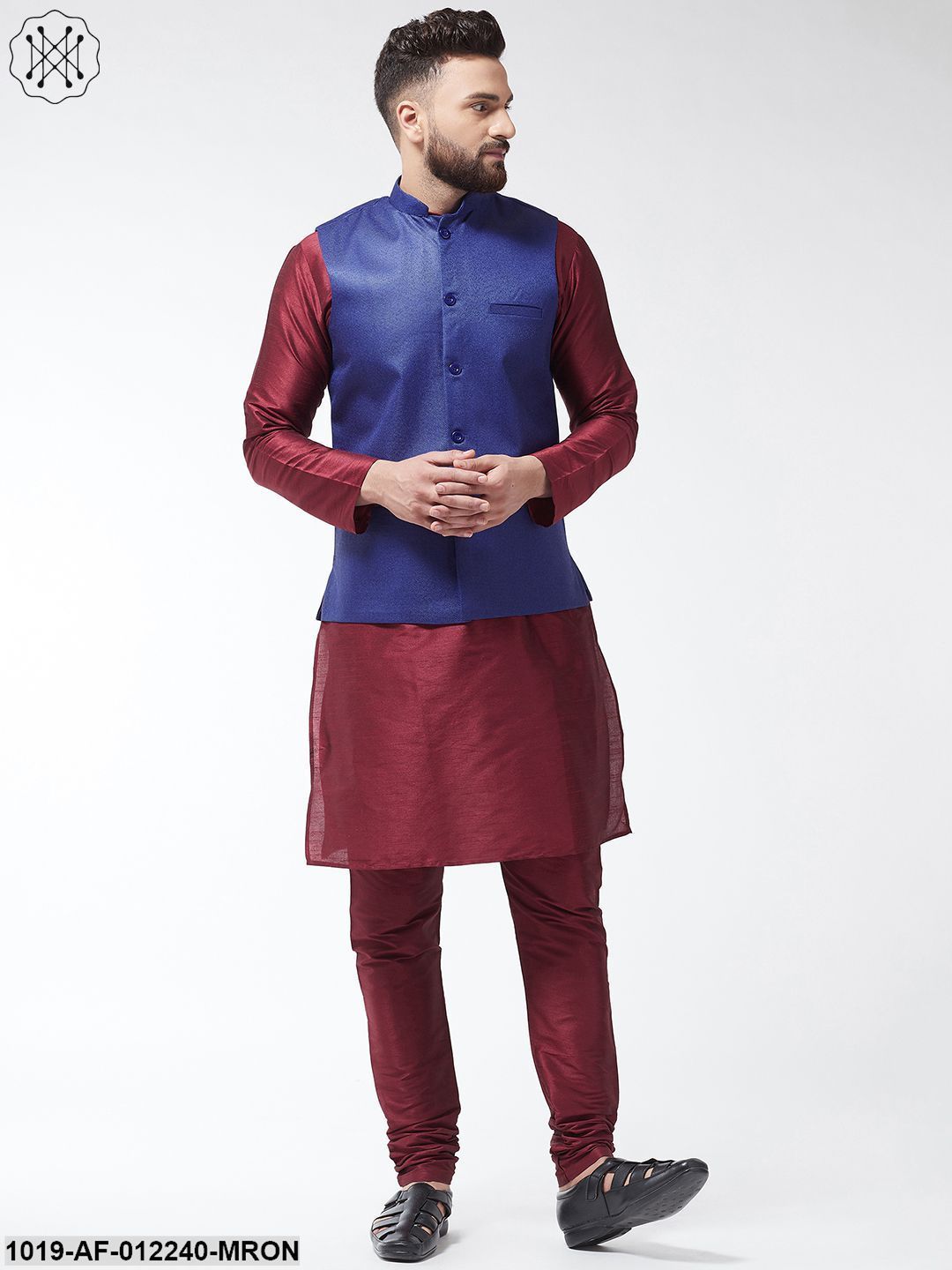 Men's Silk Blend Maroon Kurta With Pyjama & Royalblue Jute Nehrujacket