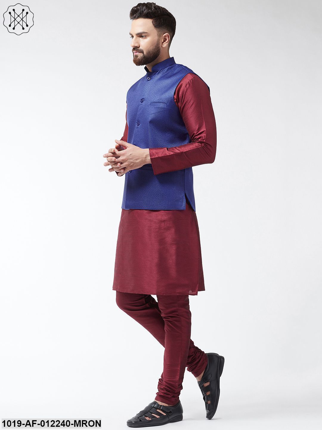 Men's Silk Blend Maroon Kurta With Pyjama & Royalblue Jute Nehrujacket