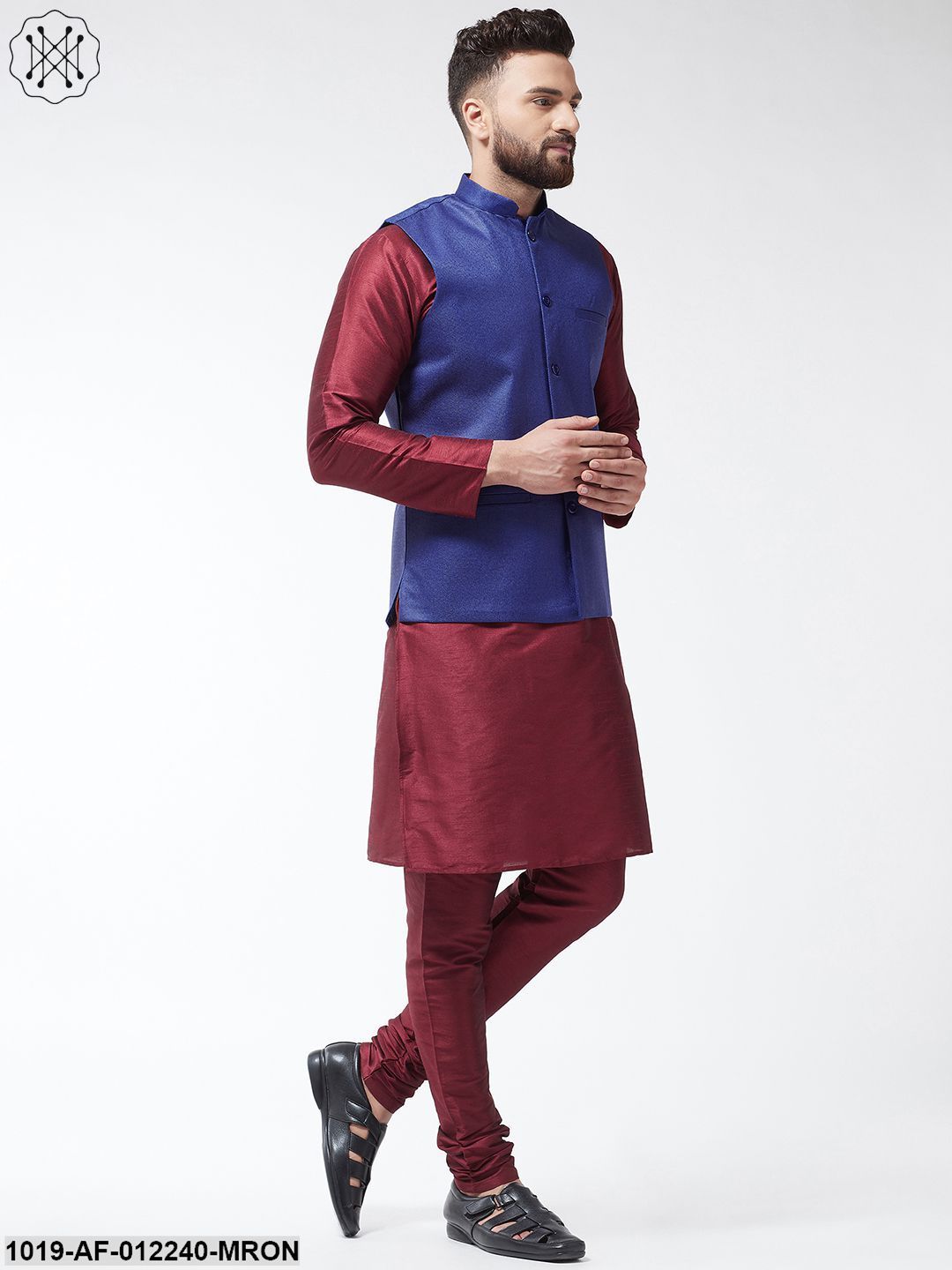 Men's Silk Blend Maroon Kurta With Pyjama & Royalblue Jute Nehrujacket