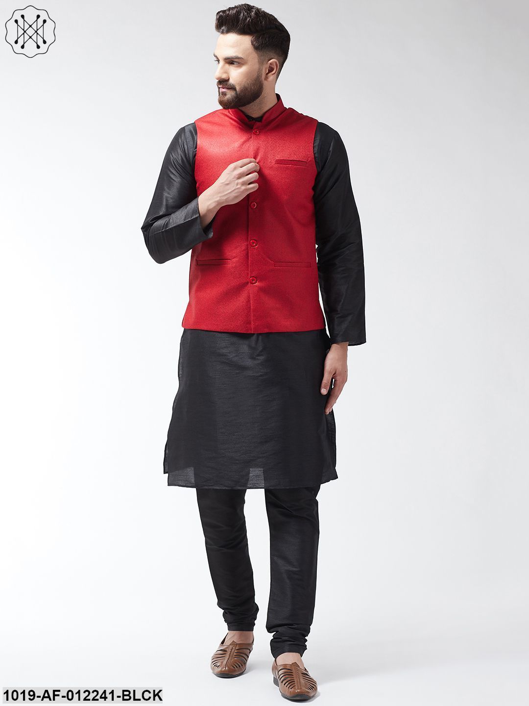 Men's Silk Blend Black Kurta With Pyjama & Red Jute Nehrujacket