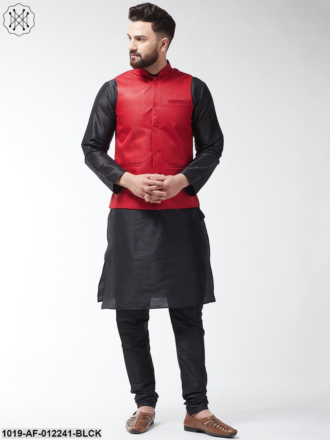 Men's Silk Blend Black Kurta With Pyjama & Red Jute Nehrujacket
