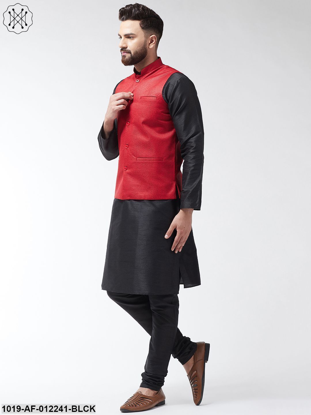 Men's Silk Blend Black Kurta With Pyjama & Red Jute Nehrujacket
