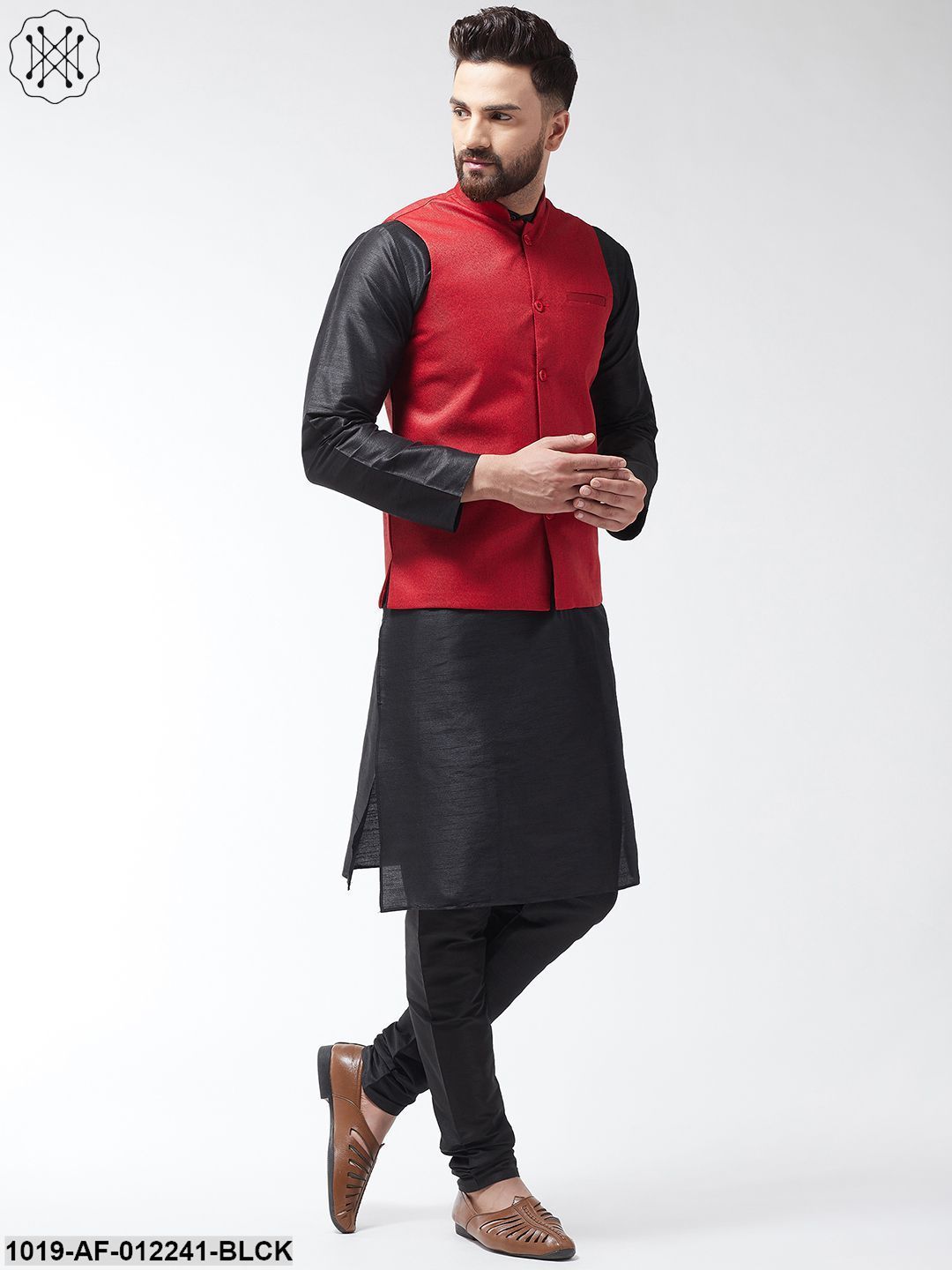 Men's Silk Blend Black Kurta With Pyjama & Red Jute Nehrujacket