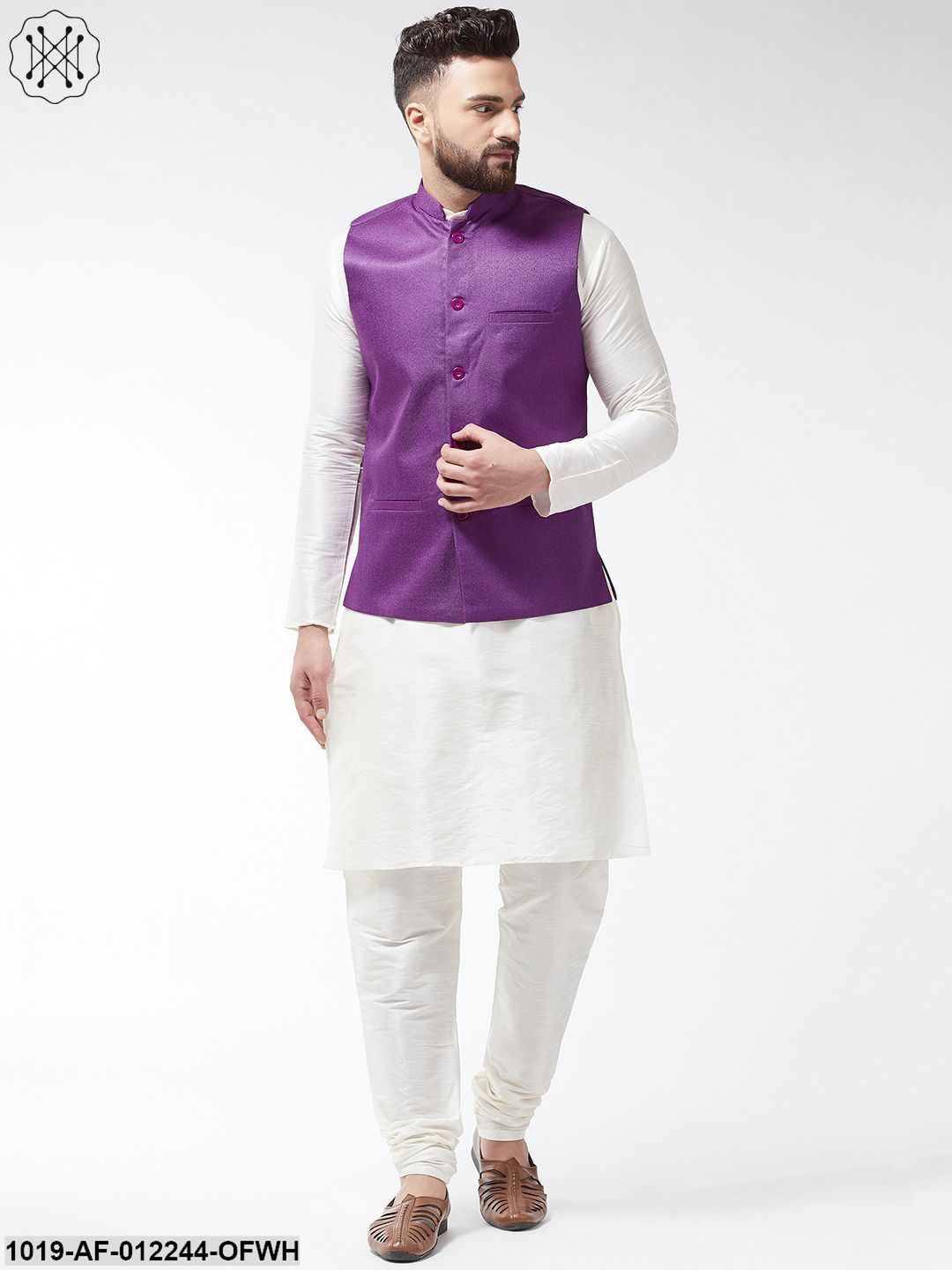 Men's Silk Blend Offwhite Kurta With Pyjama & Purple Jute Nehrujacket