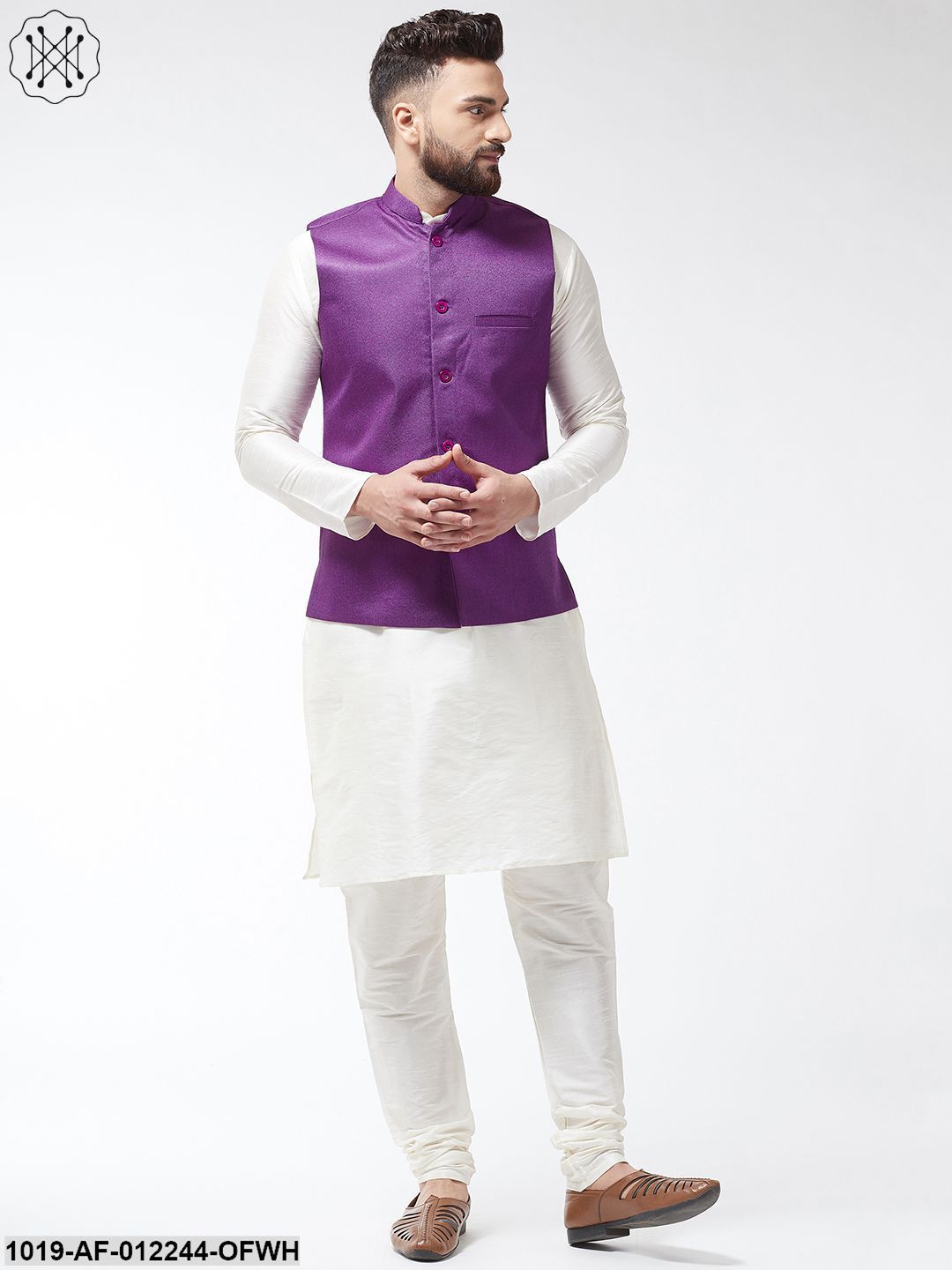 Men's Silk Blend Offwhite Kurta With Pyjama & Purple Jute Nehrujacket