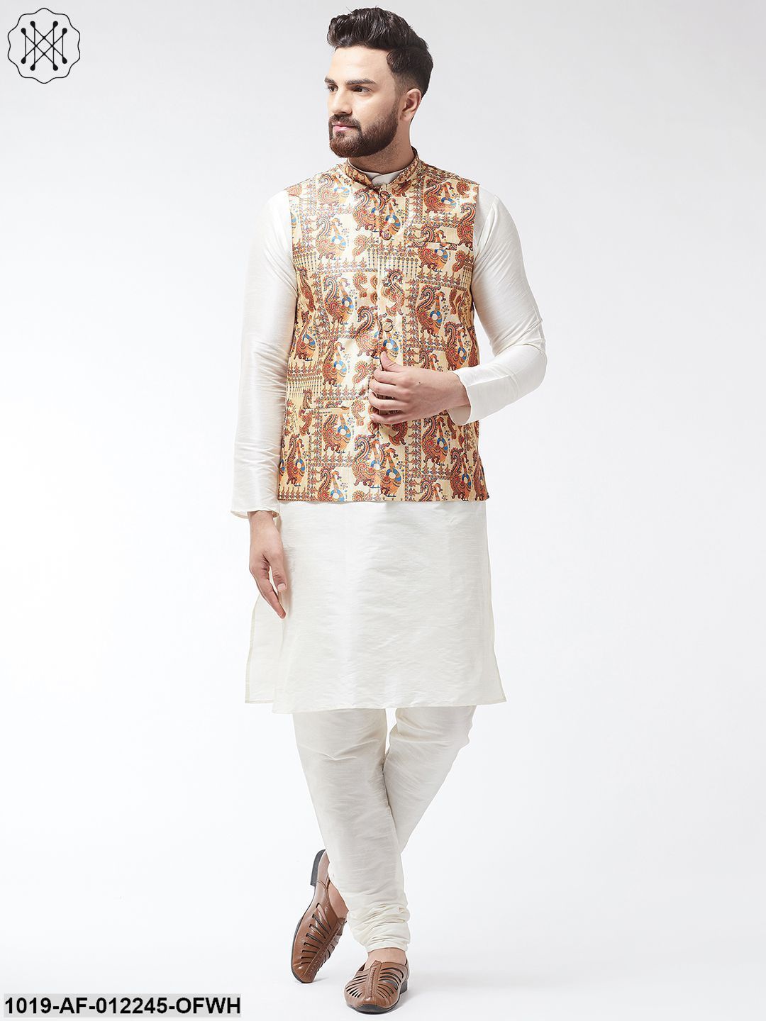 Men's Silk Blend Off White Kurta With Pyjama & Beige Printed Nehrujacket Combo - Sojanya