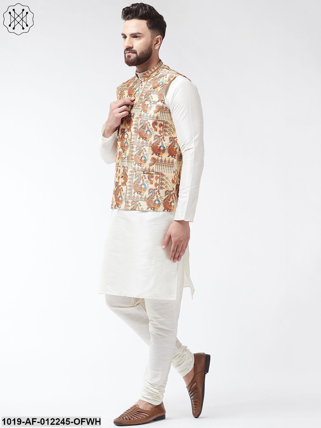 Men's Silk Blend Off White Kurta With Pyjama & Beige Printed Nehrujacket Combo - Sojanya