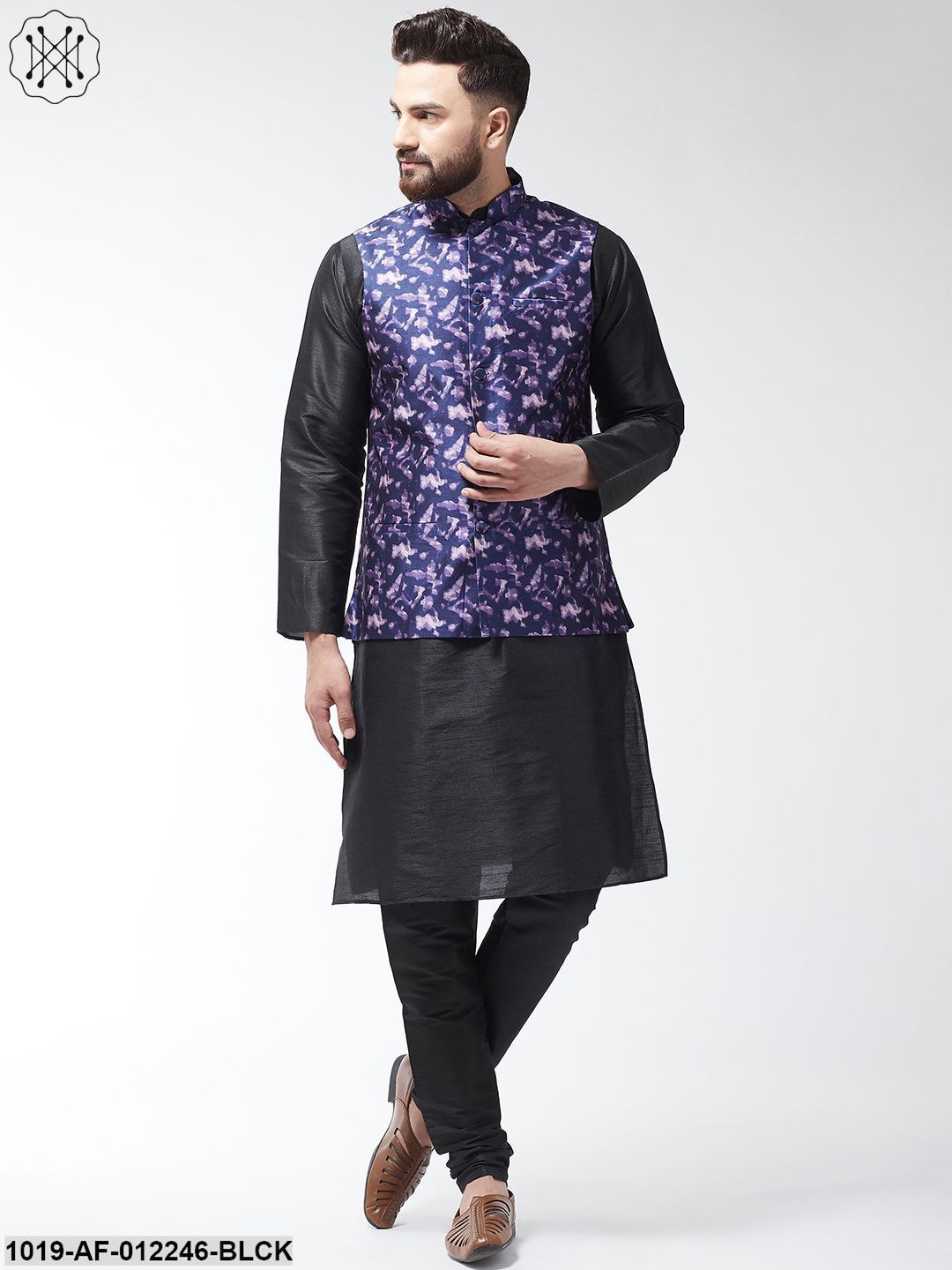 Men's Silk Blend Black Kurta With Pyjama & Navyblue Printed Nehrujacket Combo