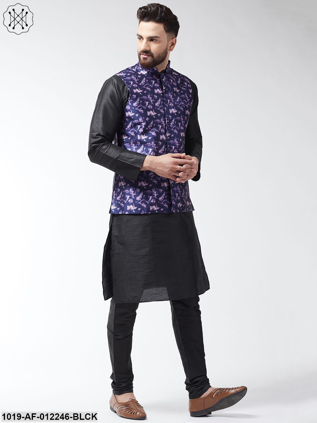 Men's Silk Blend Black Kurta With Pyjama & Navyblue Printed Nehrujacket Combo