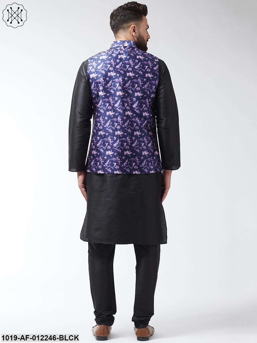 Men's Silk Blend Black Kurta With Pyjama & Navyblue Printed Nehrujacket Combo