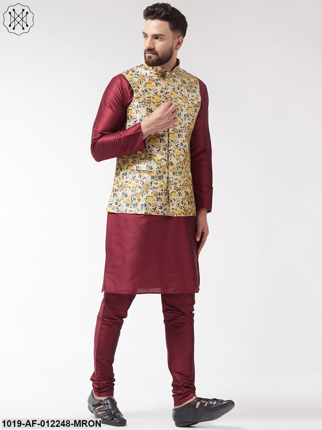 Men's Silk Blend Maroon Kurta With Pyjama & Limegreen Printed Nehrujacket - Sojanya