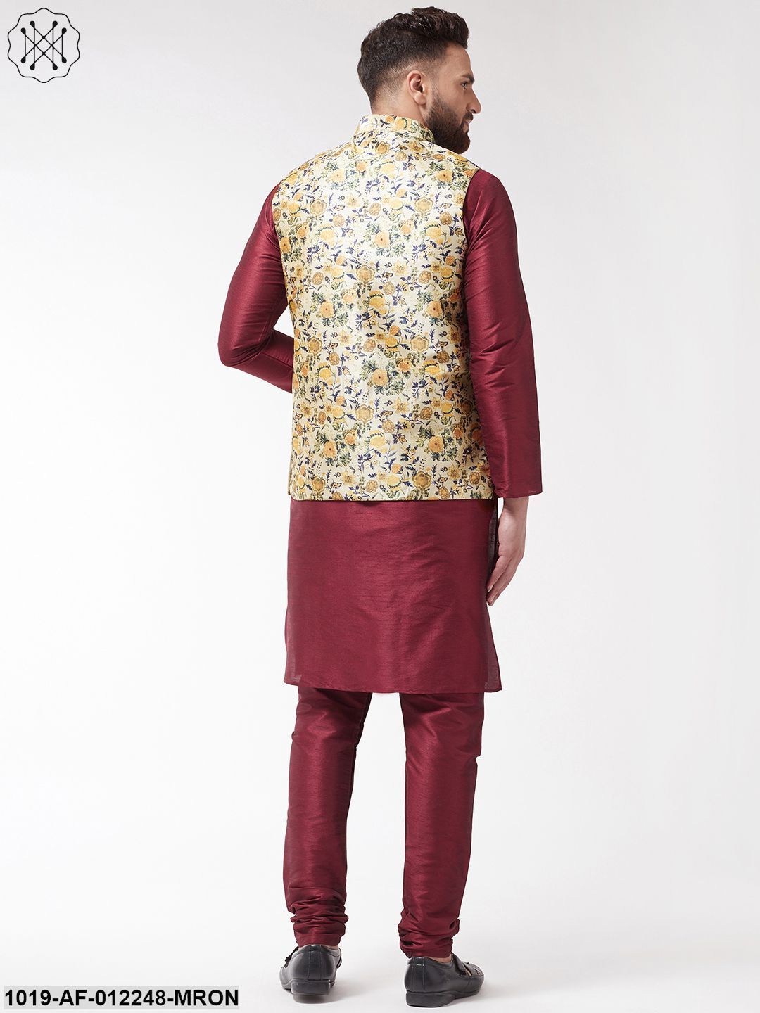 Men's Silk Blend Maroon Kurta With Pyjama & Limegreen Printed Nehrujacket - Sojanya