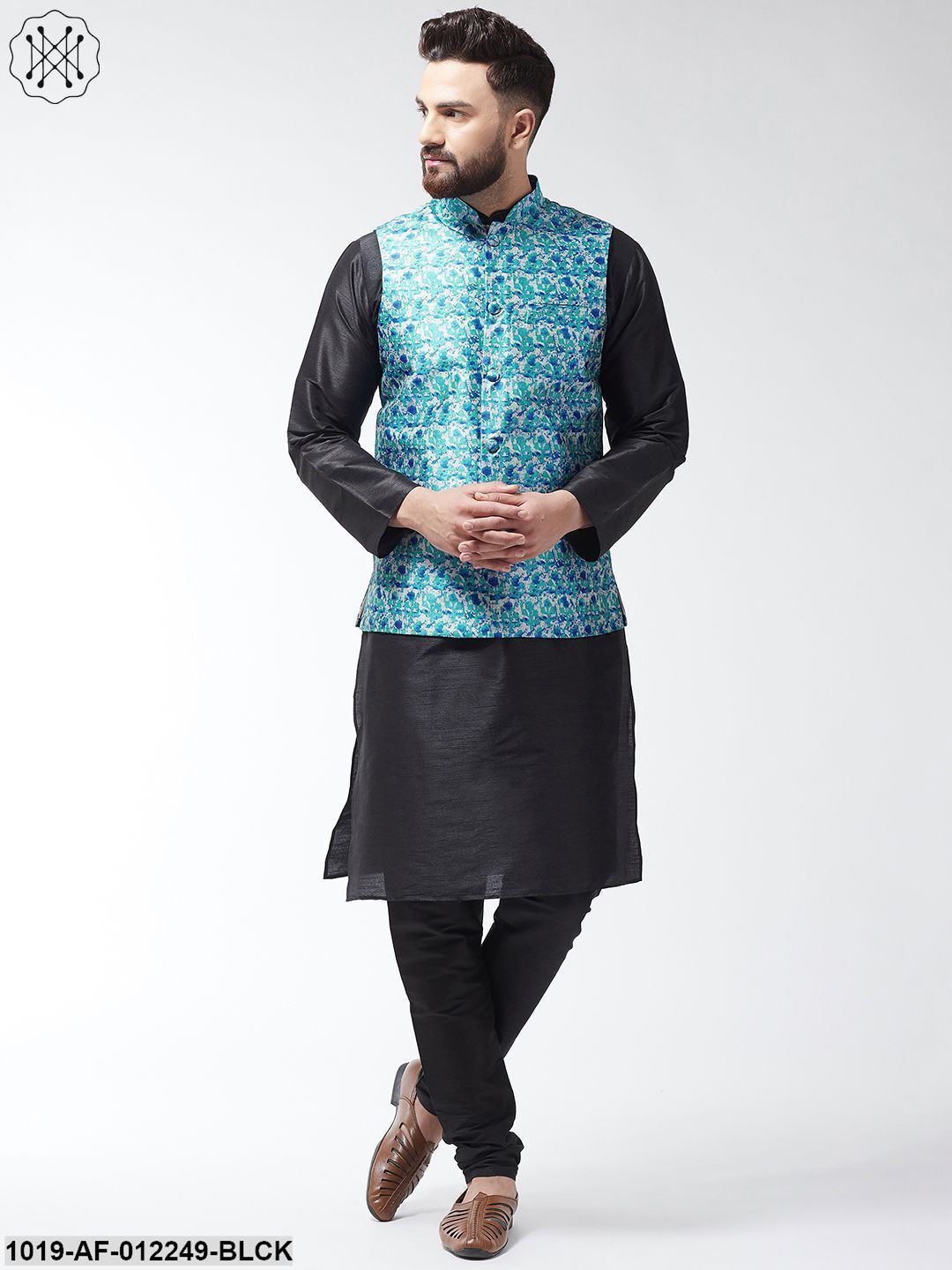 Men's Silk Blend Black Kurta With Pyjama & Blue Printed Nehrujacket Combo