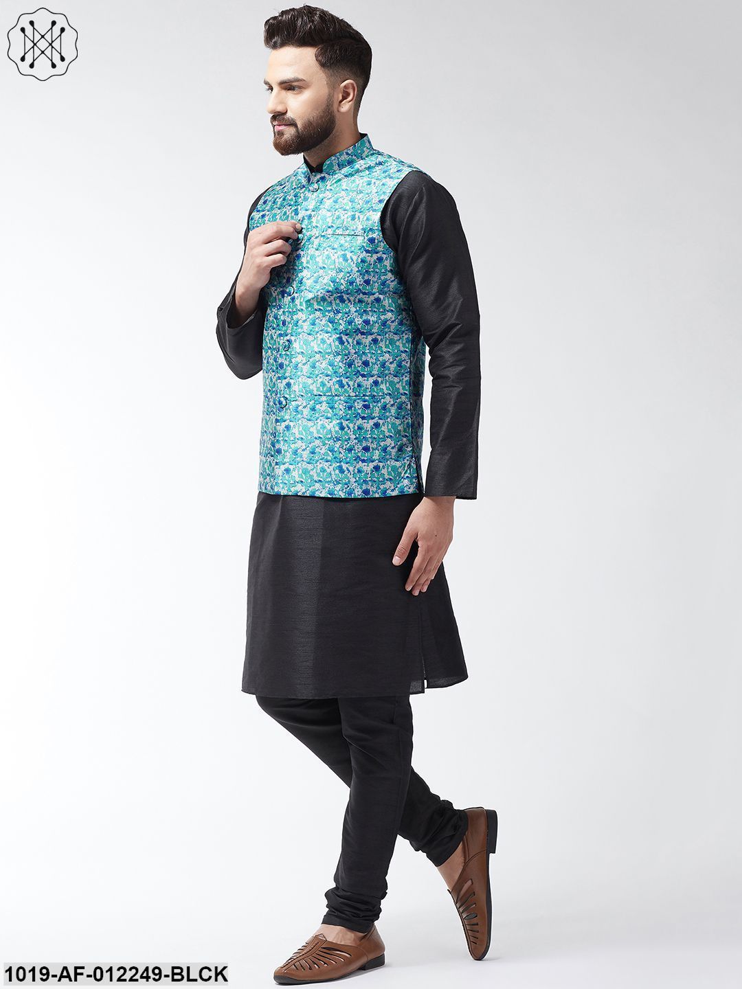 Men's Silk Blend Black Kurta With Pyjama & Blue Printed Nehrujacket Combo