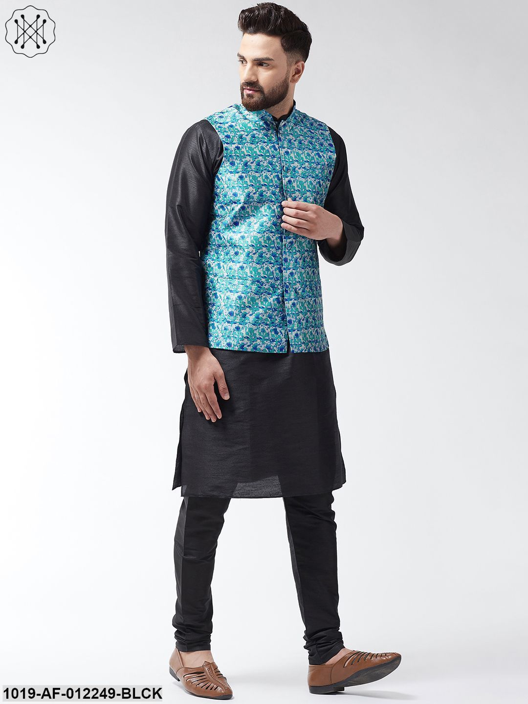 Men's Silk Blend Black Kurta With Pyjama & Blue Printed Nehrujacket Combo