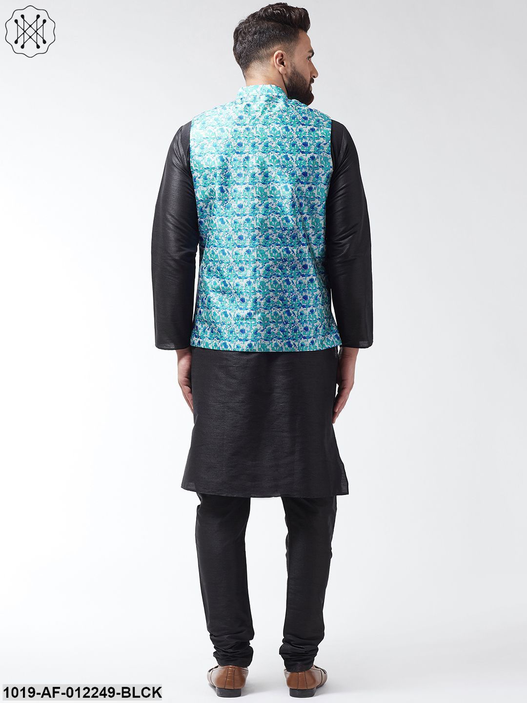 Men's Silk Blend Black Kurta With Pyjama & Blue Printed Nehrujacket Combo