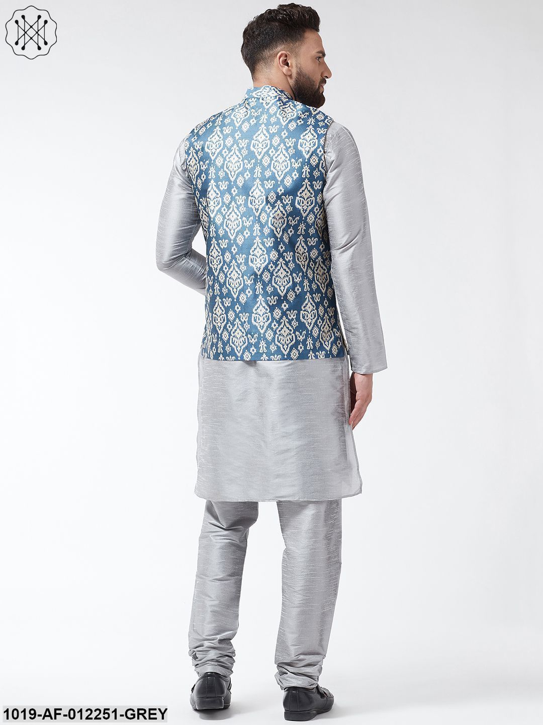 Men's Silk Blend Grey Kurta With Pyjama & Grey Printed Nehrujacket Combo - Sojanya