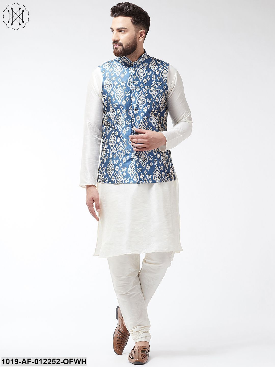 Men's Silk Blend Off White Kurta With Pyjama & Grey Printed Nehrujacket Combo - Sojanya