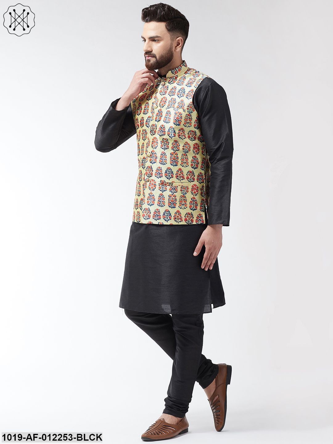 Men's Silk Blend Black Kurta With Pyjama & Beige Printed Nehrujacket Combo - Sojanya