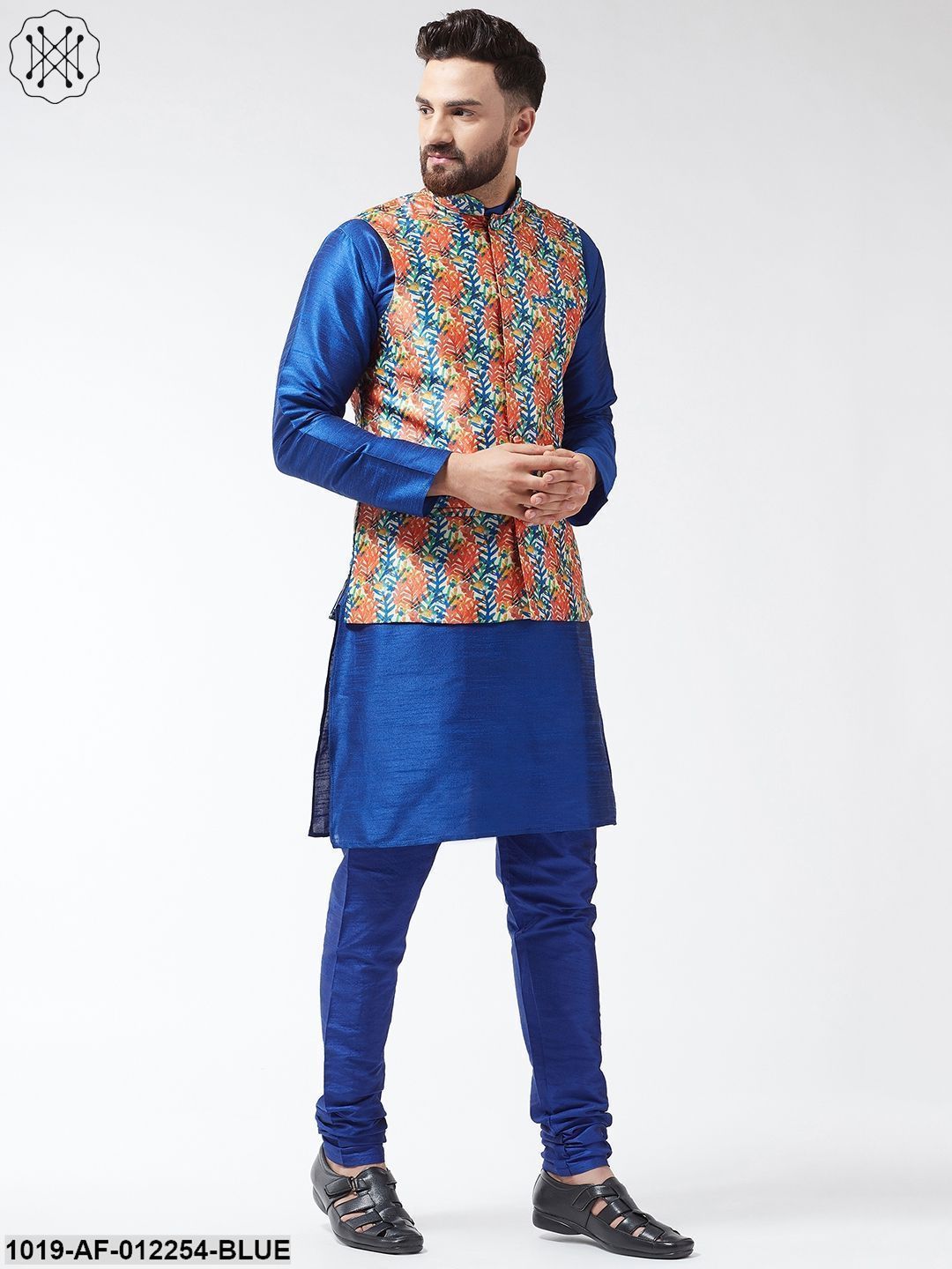 Men's Silk Blend Royalblue Kurta With Pyjama & Blue Printed Nehrujacket Combo - Sojanya