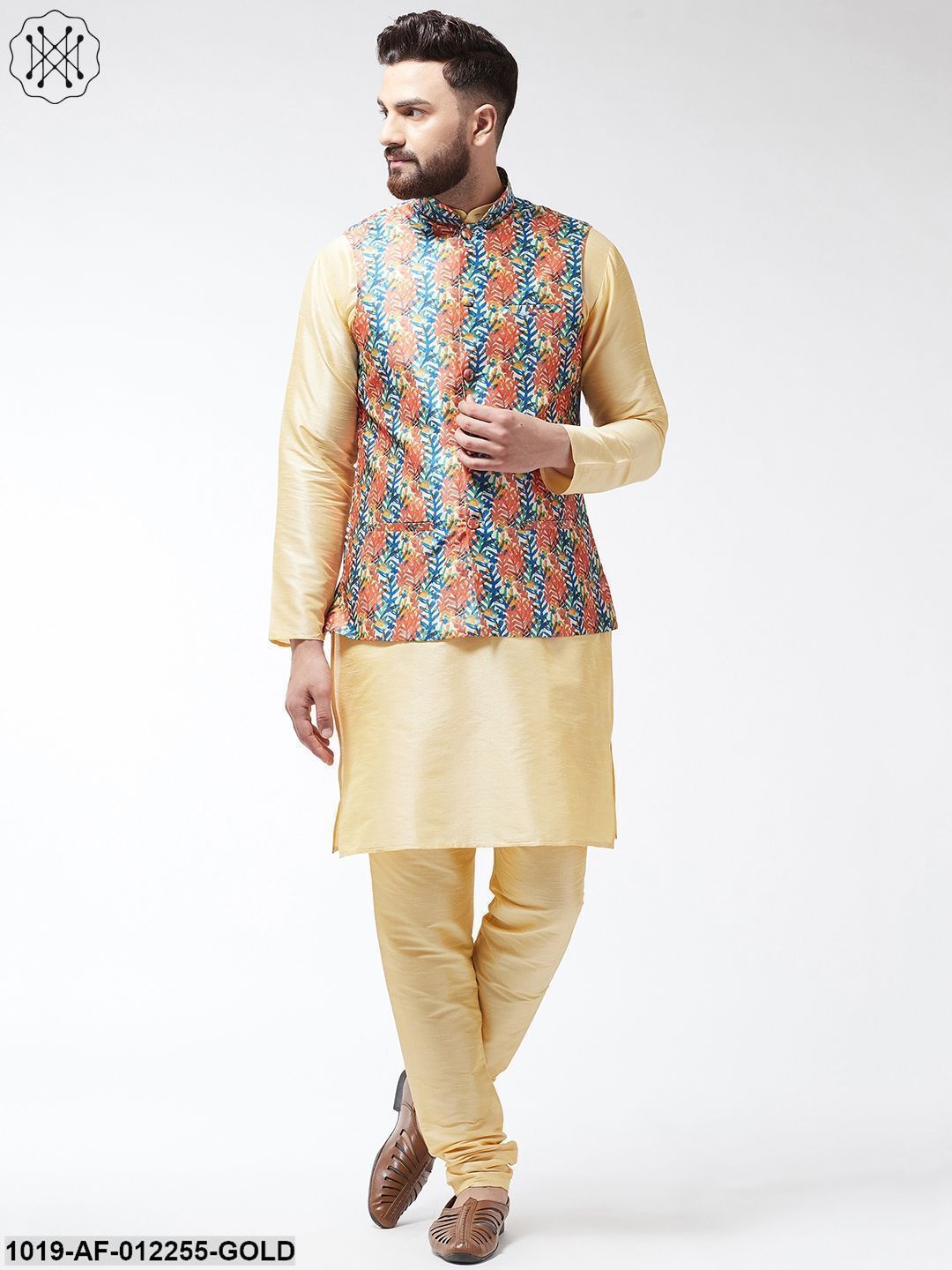 Men's Silk Blend Gold Kurta With Pyjama & Blue Printed Nehrujacket Combo - Sojanya