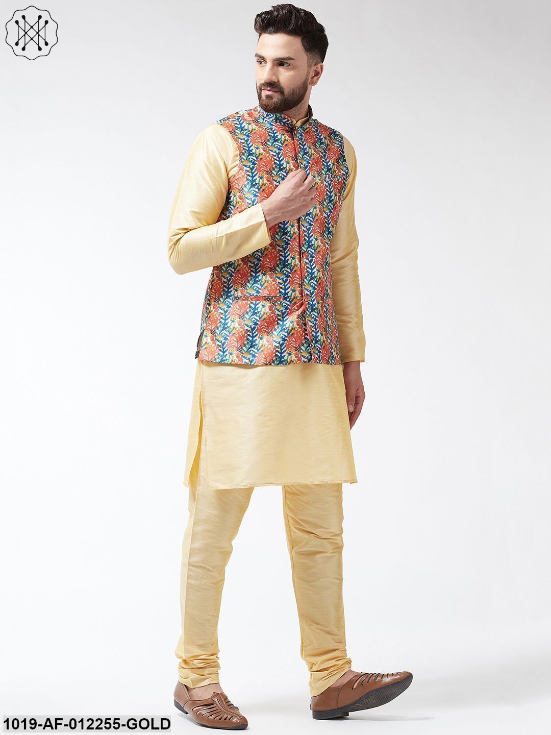 Men's Silk Blend Gold Kurta With Pyjama & Blue Printed Nehrujacket Combo - Sojanya