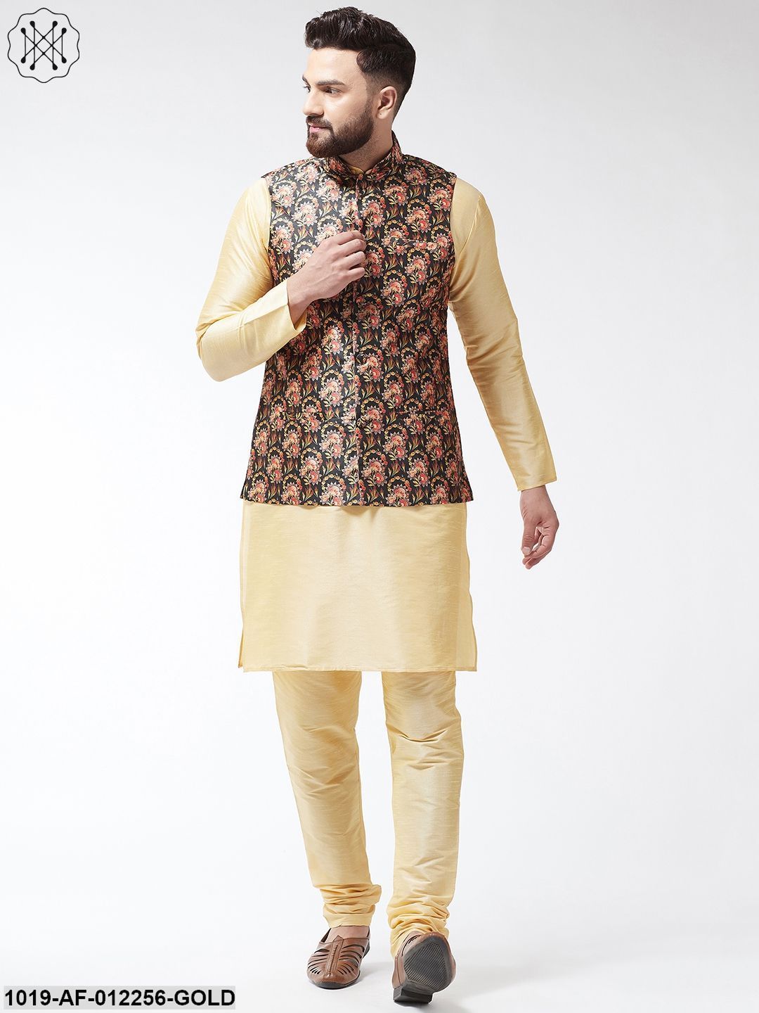 Men's Silk Blend Gold Kurta With Pyjama & Darkgreen Printed Nehrujacket Combo - Sojanya